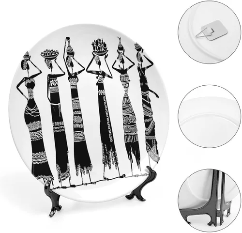 Vista 4 de Plato decorativo de 6 pulgadas, plato de vajilla de mujer africana, boceto de mujeres locales con jarras de cerámica con estampado tribal