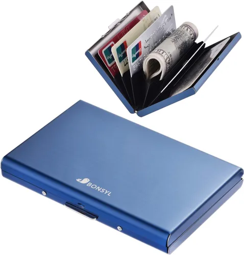 Vista 52 de BONSYL® Soporte para tarjetas de crédito, cartera delgada de metal con bloqueo RFID, con 6 ranuras para tarjetas, para mujeres y hombres.