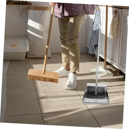 Vista 8 de Angoily Recogedor de metal de acero inoxidable, mango largo, recogedor de cocina para garaje, hogar y patio, accesorios de barrido para el hogar