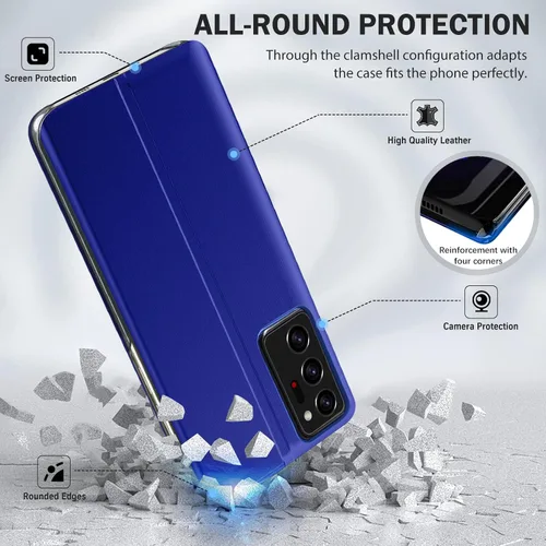 Vista 2 de Funda para Samsung Galaxy Note 20 Ultra 5G View Clear Window Leather para Samsung Note 20 Ultra Case Slim Mirror Hard PC Kickstand Luxury Flip A Azul
