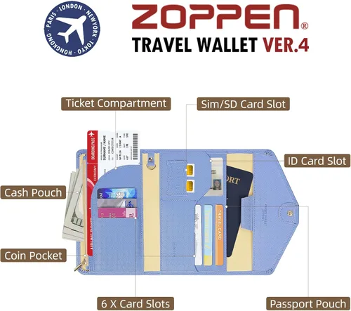 Vista 77 de Zoppen - Billetera de viaje con bloqueo RFID multiusos (Ver.4) Portatarjetas de pasaporte y vacunas, organizador de documentos de tres pliegues