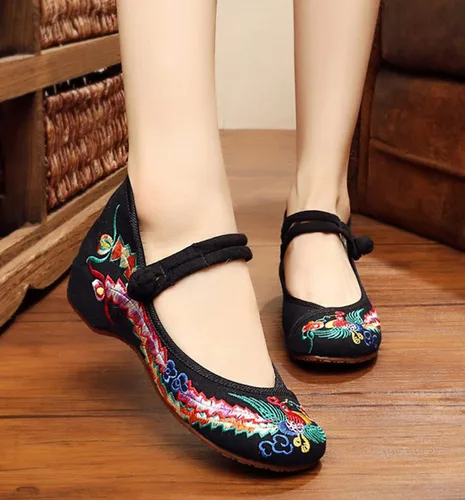 Vista 3 de Zapatos chinos para las mujeres bordados zapatos planos zapatos mujeres negro rojo asiático tradicional chica Mary Jane Ballet Yoga Zapatos suela