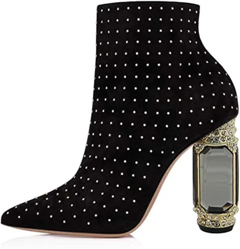 Vista 137 de FSJ Botas de tacón alto con punta puntiaguda para mujer, con tacón alto, con cremallera lateral brillante, estilo casual, para uso diario, zapatos