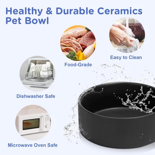 Vista 5 de SPUNKYJUNKY Cuencos elevados de cerámica para perros, 5.1 pulgadas, para comida de perros y gatos, cuencos elevados con soporte de bambú Negro