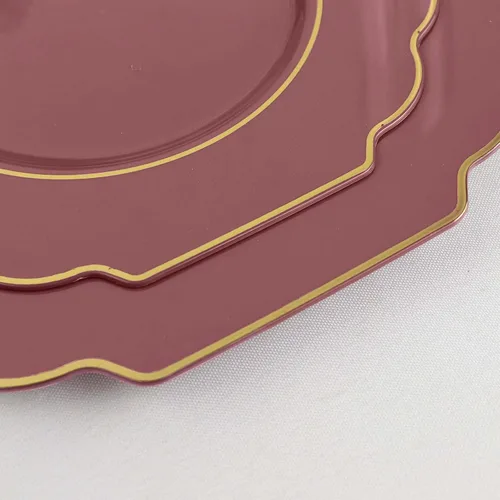 Vista 8 de Efavormart - Paquete de 10 platos de postre de plástico color rosa canela de 8 pulgadas, con borde dorado barroco, platos de ensalada desechables