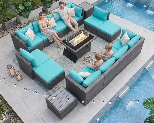 Vista 74 de NICESOUL Juego de muebles de patio de ratán extra grande con mesa para fogata de gas y propano, 29.3 pulgadas, respaldo alto, cómodos conversaciones