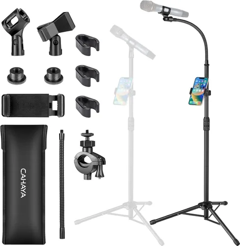 Vista 11 de CAHAYA Soporte de micrófono trípode de doble uso con brazo extensible y pie para micrófono portátil con bolsa de transporte y 2 clips para micrófono
