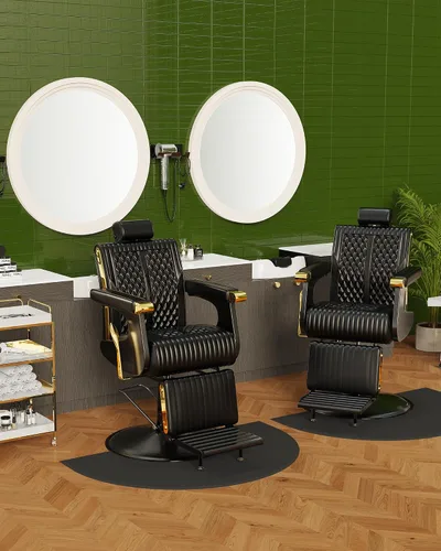 Vista 8 de Silla reclinable de barbero Baasha negra con ribete dorado en los reposabrazos, cómodo cojín de espuma viscoelástica, reposacabezas ajustable, base