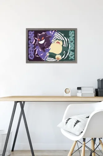Vista 6 de Trends International Pokémon - Póster de pared de batalla de Gengar Snorlax, 22.4 pulgadas de largo x 14.7 pulgadas, versión enmarcada de madera