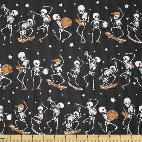 Vista 56 de Ambesonne The Yard, tela de calavera colorida con temática de Halloween, diseño de calavera y huesos cruzados, divertido estampado de dibujos
