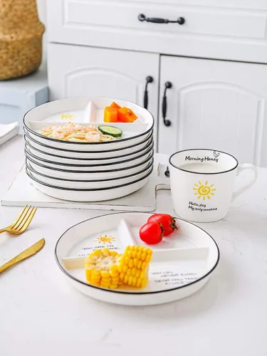 Vista 3 de 1 plato de cerámica para control de porciones de dinosaurio, plato dividido para comer racional, plato de postre dividido, plato de ensalada, plato