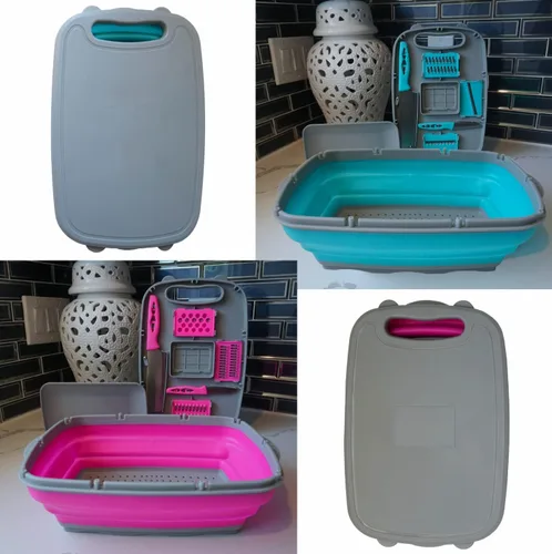 Vista 2 de Tabla de cortar con colador plegable 10 en 1, juego multiusos, resistente, compacta, ahorra espacio, fácil limpieza, lavable a máquina, ideal