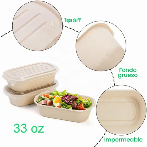 Vista 3 de Yesland Paquete de 50 recipientes de comida para llevar con tapa de polipropileno, cuencos de papel desechables rectangulares de 33 onzas