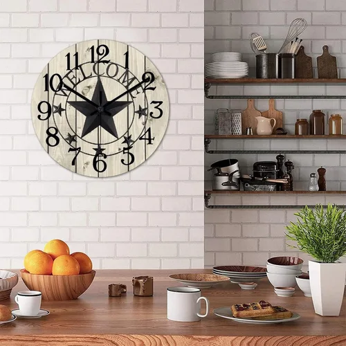 Vista 4 de Reloj de pared decorativo de 10 pulgadas con estrella del oeste de Texas, reloj de madera rústico, silencioso, sin tictac, funciona con pilas, reloj