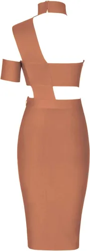 Vista 3 de UONBOX Vestido de vendaje ajustado para mujer, sexy, con corte halter y línea de busto