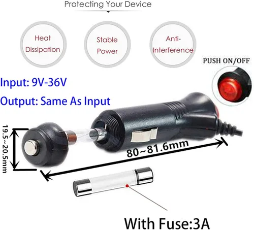 Vista 3 de Adaptador de fuente de alimentación para encendedor de cigarrillos de coche 12V/24V, enchufe macho, cable de extensión de 3 m con botón
