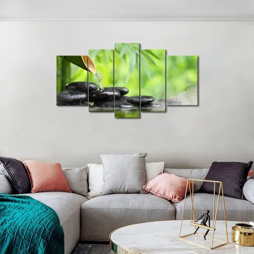 Vista 3 de Arte de pared Zen de 5 paneles verde spa bodegón con pintura de bambú la imagen impresión en lienzo imágenes botánicas para decoración del hogar