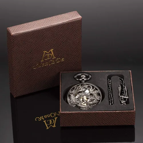 Vista 7 de ManChDa Relojes mecánicos de bolsillo grabados con esqueleto de doble cubierta con números romanos, esfera personalizada con caja y cadena