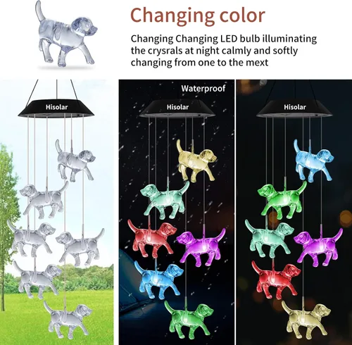 Vista 3 de Campanillas de Viento Solares de Cristal de Perro para Exteriores que Cambian de Color Luces Solares Móviles LED Campanillas de Viento con Energía