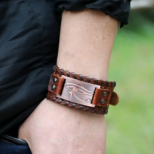 Vista 4 de TURTLEDOVE 2 pulseras de cuero Ojo de Horus - Pulsera de cuero de metal antiguo con amuleto egipcio