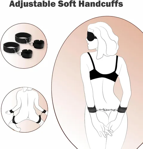 Vista 3 de Juego de 5 piezas de juguetes sexuales BDSM, correas de sujeción para la cama, puños sexuales con los ojos vendados, esposas sexis para adultos