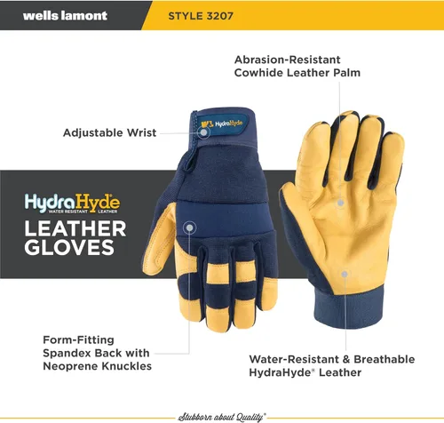 Vista 3 de Wells Lamont Guantes de trabajo de palma de cuero para hombre – HydraHyde cuero resistente al agua, espalda de elastano flexible, cierre ajustable