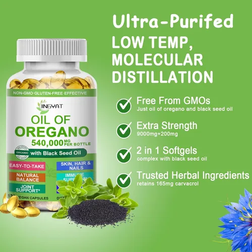 Vista 3 de Aceite de cápsulas blandas de orégano, orégano orgánico con semillas negras para apoyo inmunológico, salud digestiva de temporada, alto contenido