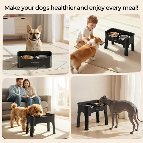Vista 7 de URPOWER Cuencos elevados para perros a prueba de desorden, diseño de protección contra salpicaduras de pared alta, soporte elevado de 4 alturas