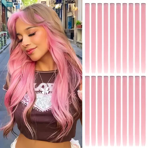 Vista 13 de 20 extensiones de cabello con clip de colores para niñas, extensiones de cabello arcoíris multicolor de 20 pulgadas, reflejos instantáneos, piezas
