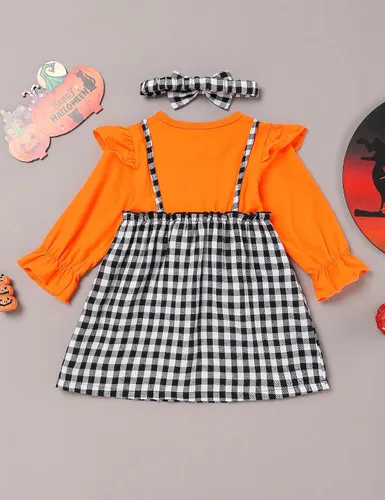 Vista 3 de Traje de Halloween para niña pequeña, camisa con volantes, vestido de calabaza, Halloween, ropa para niñas de 12 meses a 5 años