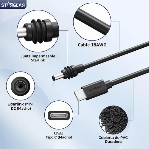 Vista 5 de Cable Mini Starlink de 6.5 pies, 18AWG 140W Cable de Alimentación Starlink USB C a DC, Conector Barrel Impermeable, Mini Accesorios Funcionan