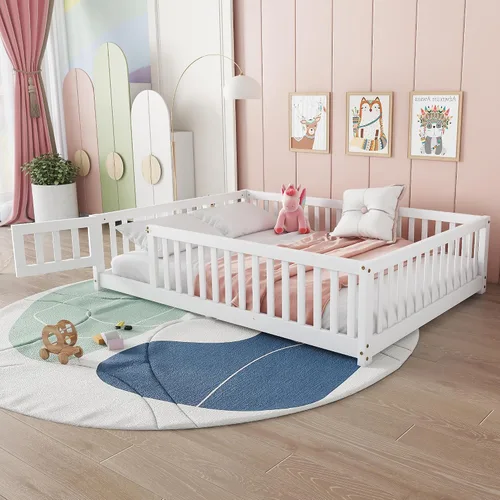 Vista 17 de Cama Montessori de tamaño matrimonial con tablillas, puerta y valla, cama Gris
