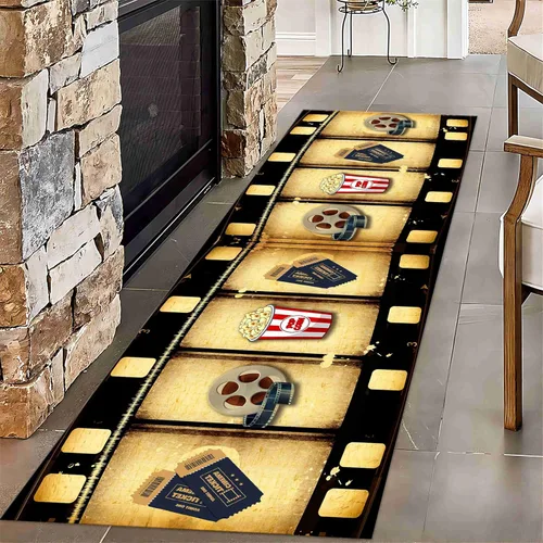 Vista 8 de Alfombra retro de cine en casa, 1.3 x 7 pies, patrón clásico de tablilla negra y carrete de película, alfombra decorativa antideslizante para sala