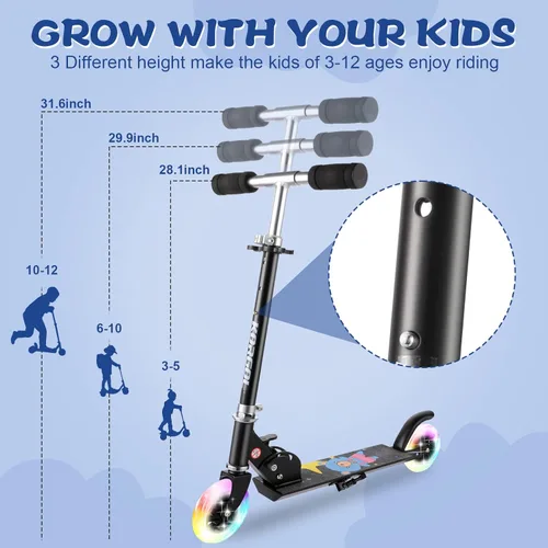 Vista 2 de Patinete para niños de 3 a 12 años - Patinetes para niños con ruedas LED iluminadas y manillar ajustable en 3 niveles, patinete rosa plegable