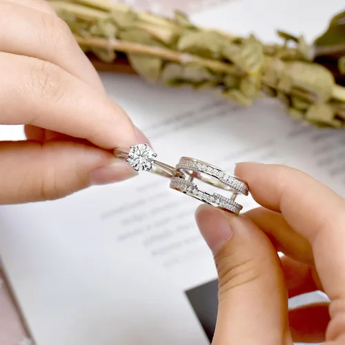 Vista 6 de Blongme Juegos de anillos de boda de catedral y clásicos para mujeres, plata esterlina 925, conjunto de anillos nupciales realzador, circonita