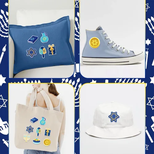 Vista 6 de 8 parches termoadhesivos de Hanukkah con estrella de David, velas Dreidel para coser y reparar, apliques bordados, accesorios para manualidades