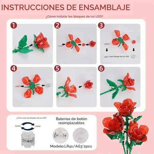 Vista 6 de Juego de construcción de ramo de rosas con luces, plantas artificiales, bonita colección botánica compatible, regalo para mujer