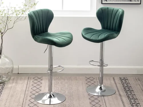 Vista 9 de Shell - Juego de 2 taburetes de bar giratorios ajustables con chasis plateado, silla de bar de terciopelo con respaldo medio, taburete de encimera