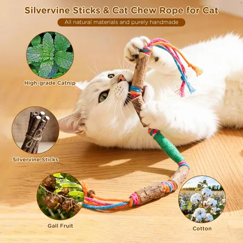 Vista 2 de Juguetes de hierba gatera para gatos de interior – Palitos de Silvervine y juguetes masticables para gatos para limpieza de dientes – Kit de hierba