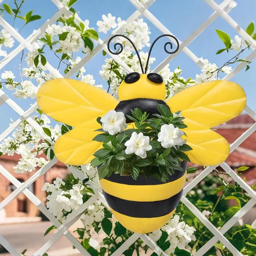 Vista 5 de Macetero de Pared de Metal Abeja Maceteros de Pared Montados Maceta Pequeña con Drenaje para Interior Exterior Macetero Colgante Estilo Granja