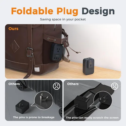 Vista 3 de TESSAN Bloque de cargador USB C de 20 W PD, adaptador de carga rápida con enchufe plegable, extensor de toma de corriente de 1875 W (4 CA y 4 USB)
