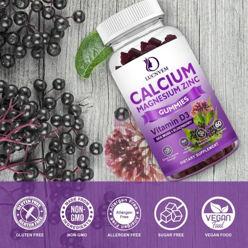 Vista 7 de Gomitas de calcio y magnesio y zinc sin azúcar con saúco y musgo marino, calcio y magnesio 2:1, glicinato de magnesio, potasio y vitamina D3