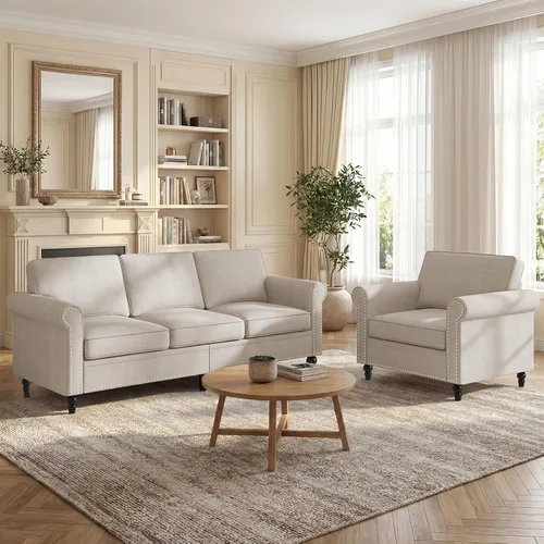 Vista 9 de Mjkone Juego de 2 Piezas para Sala de Estar, Sofás Seccionales, Juego de Sofá y Silla, Sofá Moderno de Lino con Marco de Madera y Patas