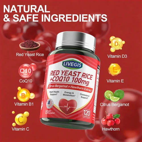 Vista 4 de Arroz de levadura roja de 2000 mg con CoQ10 100 mg - Suplemento de salud cardíaca sin citrinina con bergamota cítrica y espino - Apoya niveles
