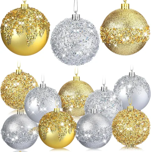 Vista 11 de Syhood 12 adornos de bolas de Navidad con purpurina y lentejuelas con diamantes de imitación, decoraciones de Navidad para colgar en árboles