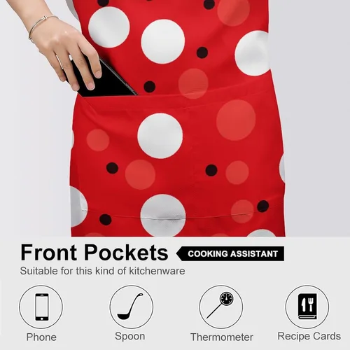 Vista 5 de Personalized Red White Polka Dot Adult Apron, Kitchen Cooking Aprons for Woman Man, Adjustable Bib Apron with Pocket for Baking, BBQ Crafting