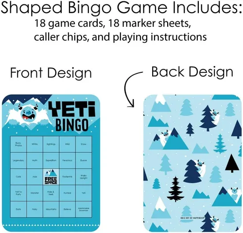 Vista 3 de Big Dot of Happiness Yeti to Party - Tarjetas de bingo y marcadores - Abominable Muñeco de nieve para fiesta o fiesta de cumpleaños - Juego de 18