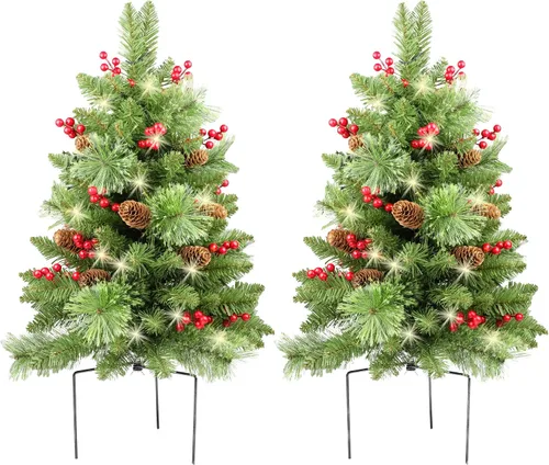 Vista 11 de Árbol de Navidad de 30 pulgadas preiluminado, 2 juegos de árboles de Navidad, preiluminados, LED, funciona con pilas, decoración de Navidad al aire