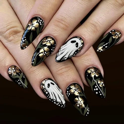 Vista 17 de Paquete de 6 144 uñas acrílicas de Halloween a presión, uñas postizas reutilizables de cobertura completa, uñas postizas adhesivas con pegamento H103