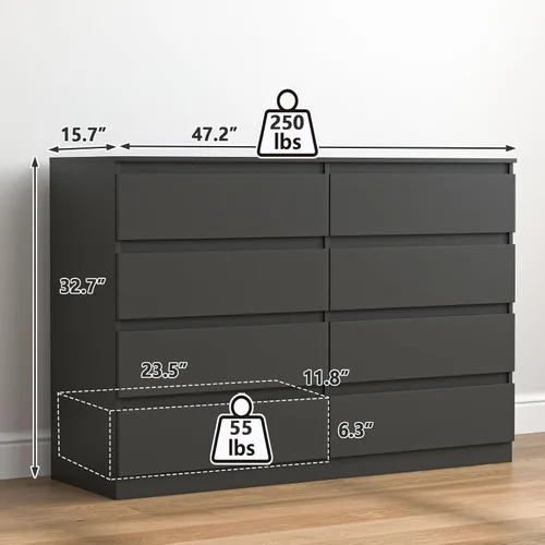 Vista 3 de Vibe & Dine Cómoda doble de 8 cajones, cómoda de madera moderna con amplio almacenamiento para armario, dormitorio, sala de estar, color negro